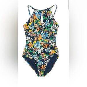 Ellen Tracy Blue and Orange One Piece Swimsuit High Neck